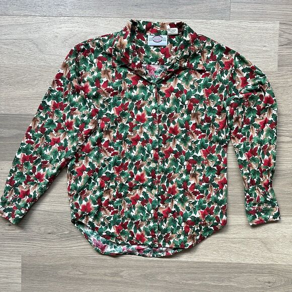 Conversation Pieces Top Women Small Christmas Holly Mistletoe Cotton Button Up - Picture 1 of 9